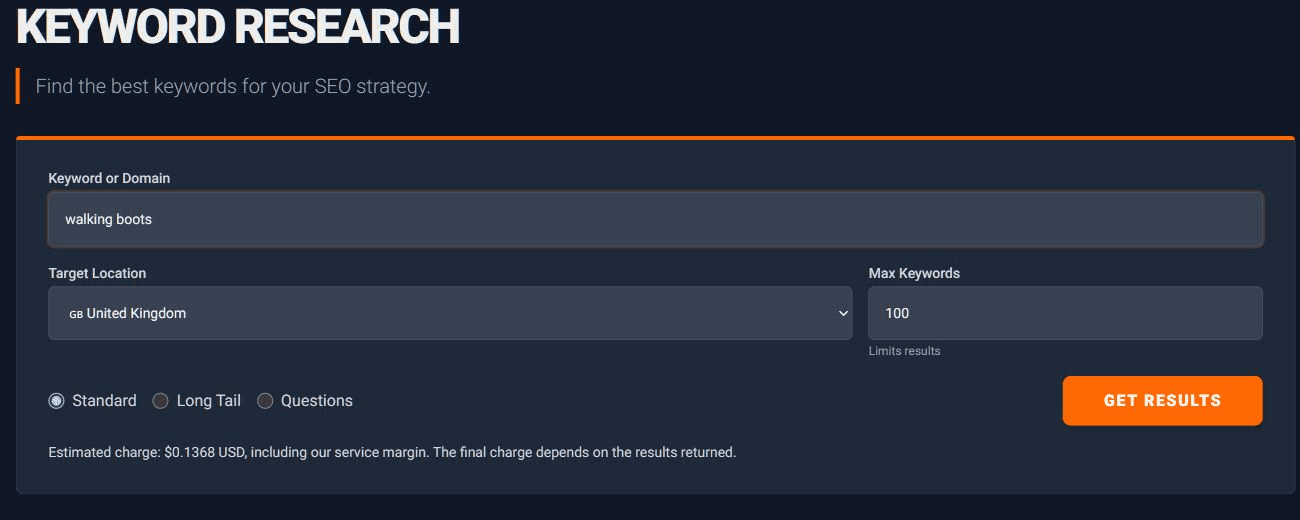 Keyword Research with walking boots entered, United Kingdom selected, and the Max Keywords and suggestion options visible.